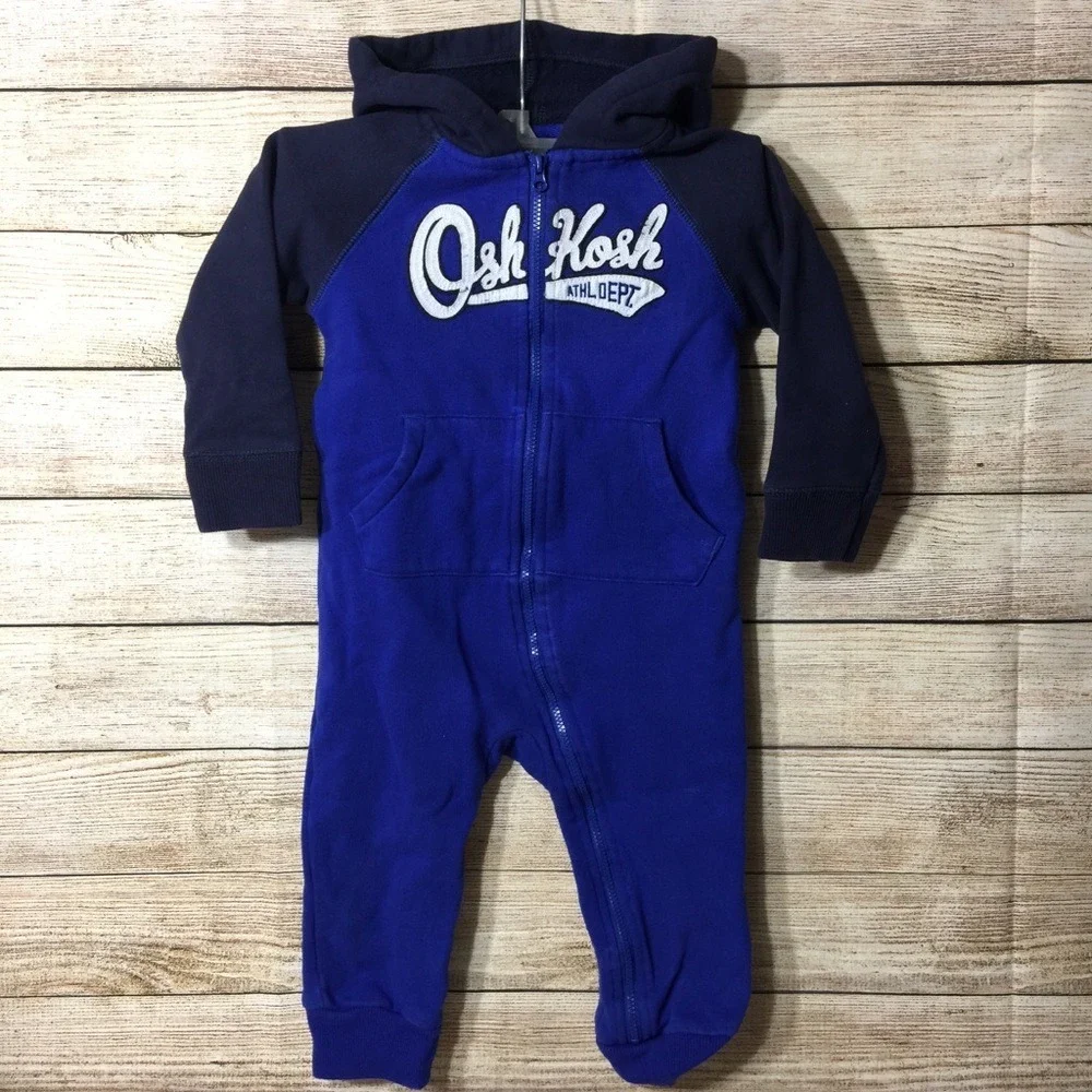 Osh Kosh B'gosh Baby Boys Blue Full Zip Hooded Creeper Pajamas 24 Months‎